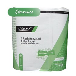Toilet Tissue Roll 2 Ply Recycled 4 Pack/ 12 Rolls White 260 Sheets