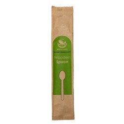 Cutlery Spoon Wooden Individually Paper Wrapped Kraft 165mm